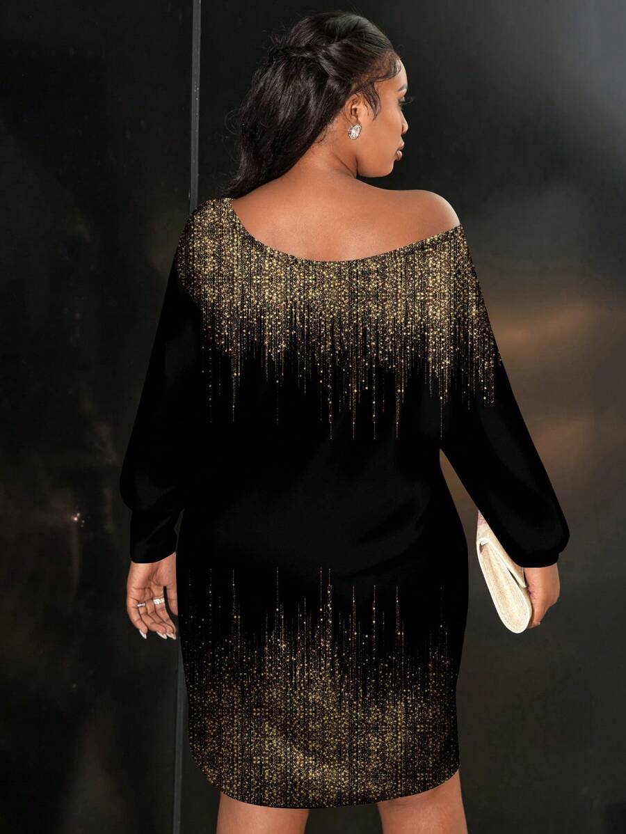 Slaydiva Plus Size Casual Eenvoudige Full-Print Zwart En Gouden Jurk - Tout Pour Vous