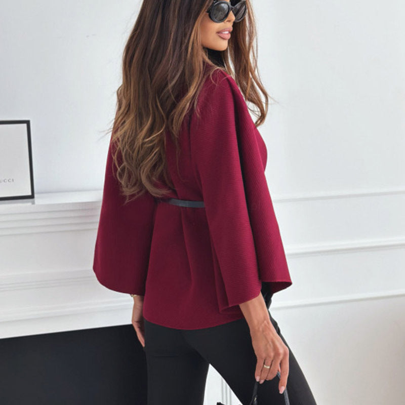 New Stand Collar Batwing Sleeves Cloak Top With Belt Ins Fashion Temperament Jacket Woolen Sweater Outwear For Women Clothing - Tout Pour Vous