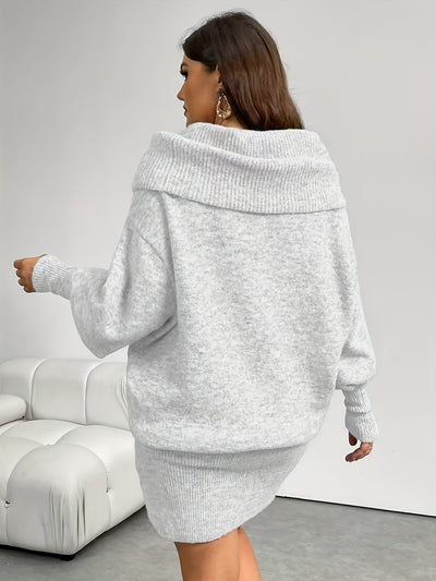 Plus Size, 21e Eeuw Grijze Off-Shoulder Jurk - Elegante Lange Mouwen A-Lijn Midi Jurk met Stack Neck, All-Season Casual tot Formele Kleding (Kantoor, Feest, Bruiloft) - Zachte Stof, No-Design